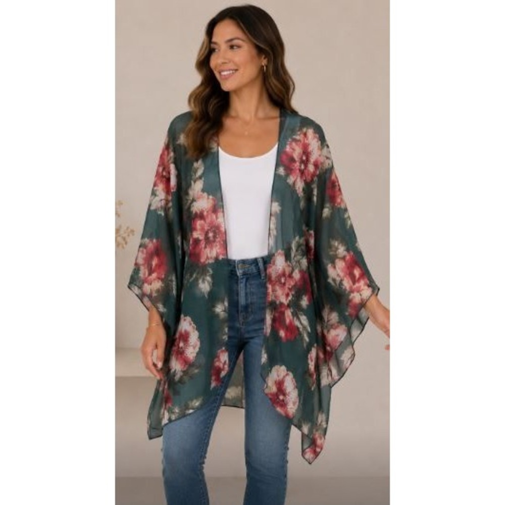 Floral Kimono Cardigan Small Green Sheer Mesh Boho Beachy Coverup Garden Party